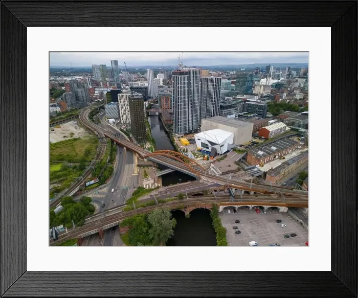 Framed Print : Aerial view over the River Irwell and Manchester / Salford cityscapes Framed Print : Aerial view over the River Irwell and Manchester / Salford cityscapes