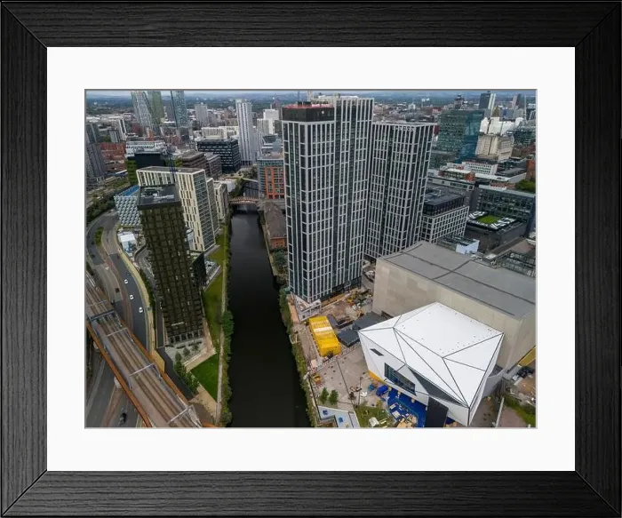 Framed Print : Aerial view over the River Irwell and Manchester / Salford cityscapes Framed Print : Aerial view over the River Irwell and Manchester / Salford cityscapes