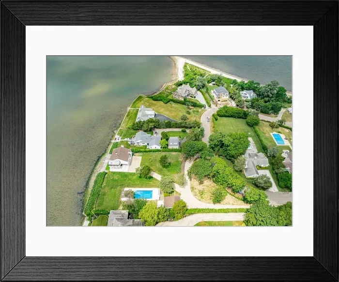 Framed Print : aerial view of waterfront homes on tiana circle in hampton bays, ny