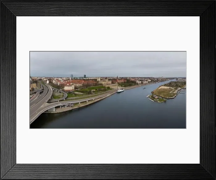Framed Print : Aerial view of Chrobry Shafts, moored ships on the Oder River and castle like buildings of National Museum