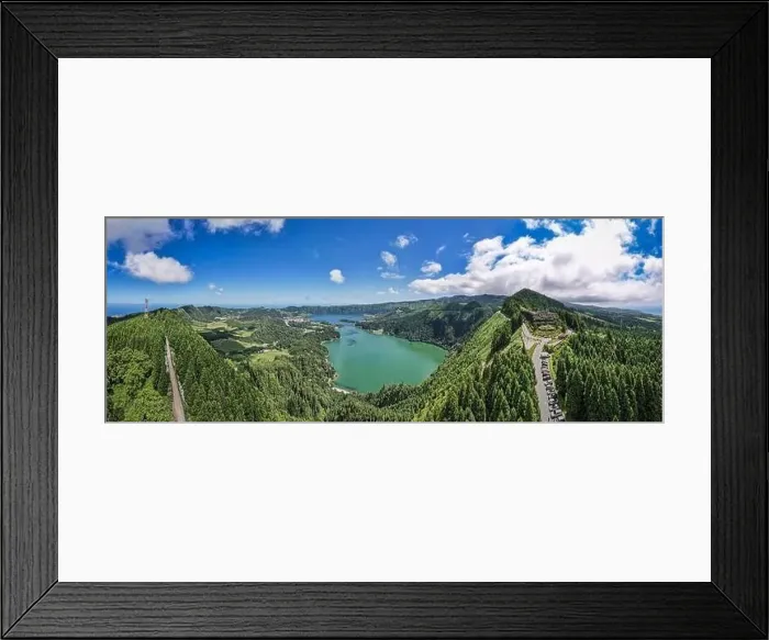 Framed Print : Aerial Drone capture of the iconic Vista do Rei viewpoint showcasing the breathtaking Sete Cidades lagoons Framed Print : Aerial Drone capture of the iconic Vista do Rei viewpoint showcasing the breathtaking Sete Cidades lagoons