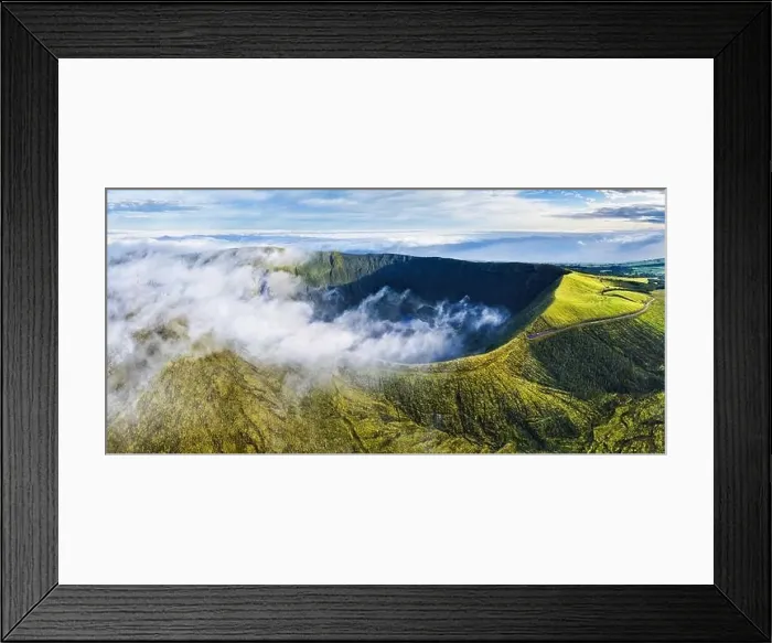 Framed Print : Panorama of drone green sunrise landscape of volcano Gordo caldera in Faial island - Azores, Portugal Framed Print : Panorama of drone green sunrise landscape of volcano Gordo caldera in Faial island - Azores, Portugal