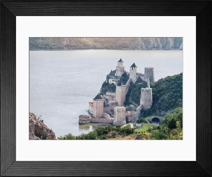 Framed Print : Golubac Fortress in Serbia, a historic landmark overlooking the blue Danube, captured from above on a sunny summer day Framed Print : Golubac Fortress in Serbia, a historic landmark overlooking the blue Danube, captured from above on a sunny summer day