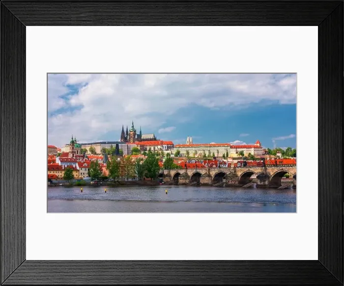 Framed Print : Prague scenic spring view of the Prague Old Town pier architecture Charles Bridge over Vltava river in Prague