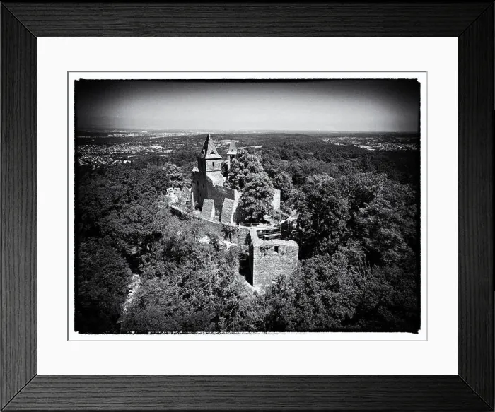 Framed Print : View over Frankenstein Castle towards Darmstadt and Frankfurt, black and white film look Framed Print : View over Frankenstein Castle towards Darmstadt and Frankfurt, black and white film look