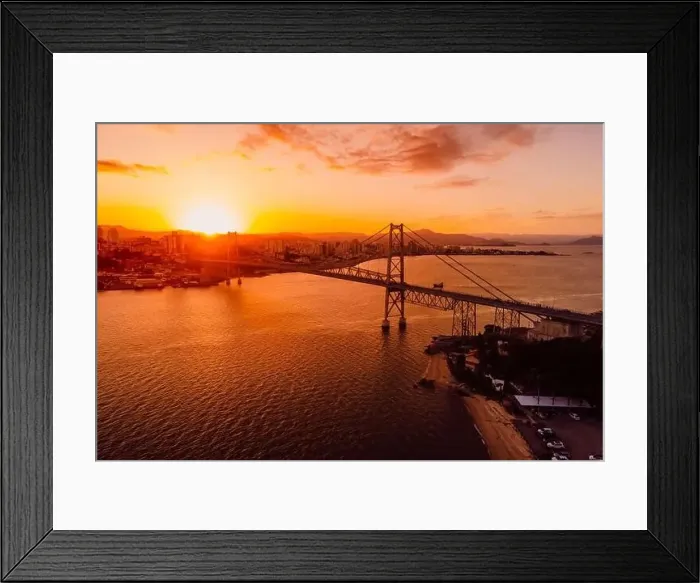 Framed Print : Drone view of city and Hercilio luz bridge with sunset in Florianopolis, Brazil Framed Print : Drone view of city and Hercilio luz bridge with sunset in Florianopolis, Brazil