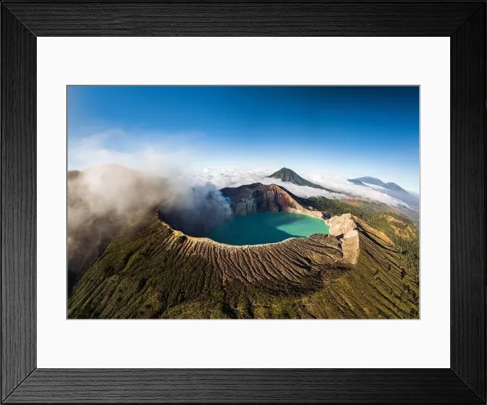 Framed Print : Aerial panorama drone view of mount Kawah Ijen volcano crater at sunrise, East Java, Indonesia Framed Print : Aerial panorama drone view of mount Kawah Ijen volcano crater at sunrise, East Java, Indonesia