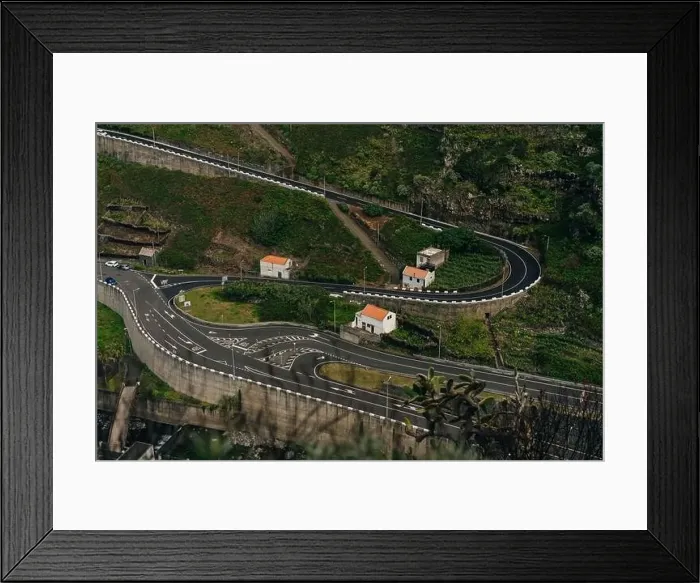 Framed Print : Interchange of highway and tunnels, transport infrastructure of Madeira. Aerial top down view. High quality photo Framed Print : Interchange of highway and tunnels, transport infrastructure of Madeira. Aerial top down view. High quality photo