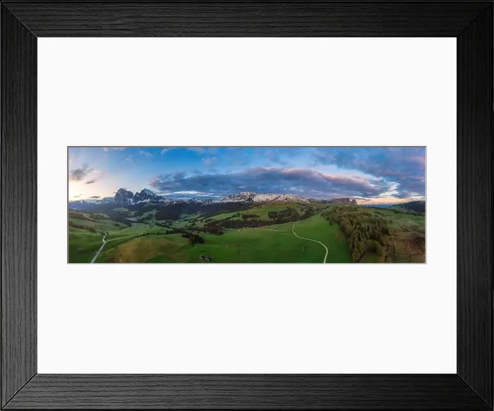 Framed Print : Panoramic view from the Seiser Alm to the Dolomites in Italy, drone shot Framed Print : Panoramic view from the Seiser Alm to the Dolomites in Italy, drone shot