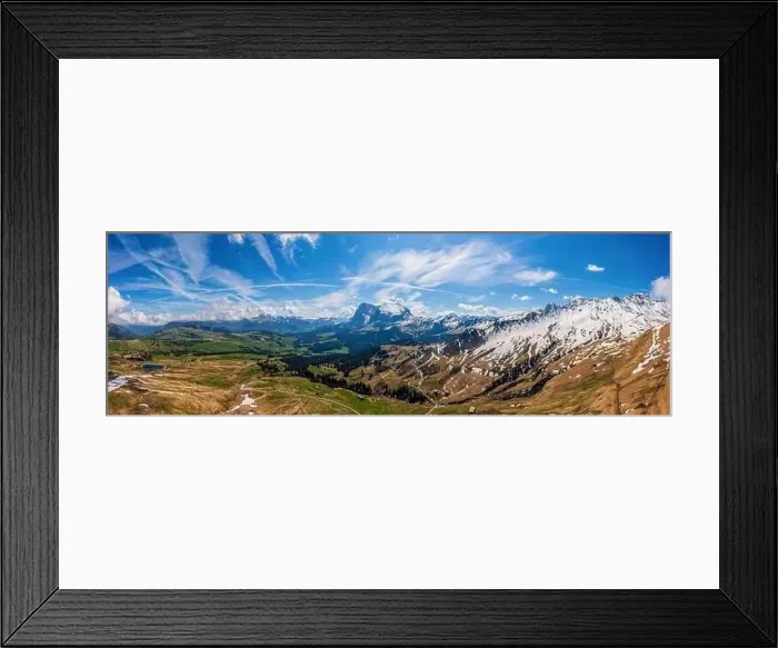 Framed Print : Panoramic view from the Seiser Alm to the Dolomites in Italy, drone shot Framed Print : Panoramic view from the Seiser Alm to the Dolomites in Italy, drone shot