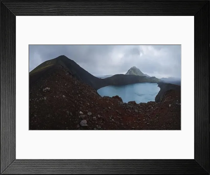 Framed Print : Stunning drone-shot panorama showcasing a striking volcanic lake nestled in Iceland's rugged highlands Framed Print : Stunning drone-shot panorama showcasing a striking volcanic lake nestled in Iceland's rugged highlands