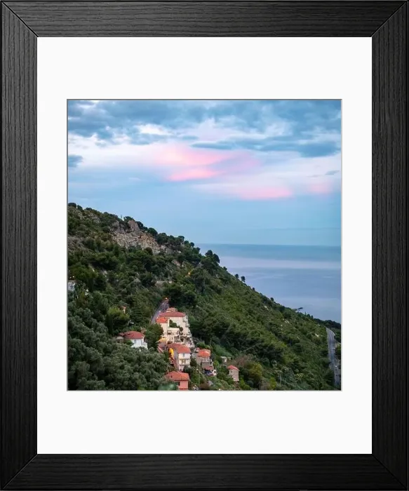 Framed Print : Colourful view on Italian Riviera and blue Mediterranean Sea from French-Italian border in Grimaldi village Framed Print : Colourful view on Italian Riviera and blue Mediterranean Sea from French-Italian border in Grimaldi village