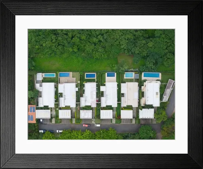 Framed Print : Roof houses with pool patio next to green park aerial above top view Framed Print : Roof houses with pool patio next to green park aerial above top view