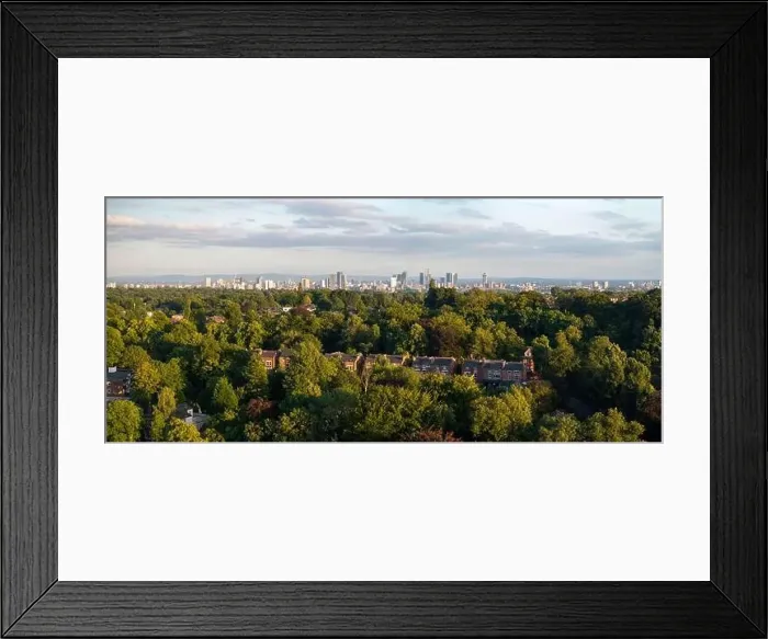 Framed Print : Panoramic aerial image of Manchester skyline photographed from Prestwich, Greater Manchester Framed Print : Panoramic aerial image of Manchester skyline photographed from Prestwich, Greater Manchester