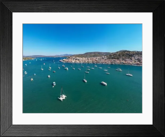 Framed Print : Greece, Aerial drone view of Poros island in Saronic gulf Framed Print : Greece, Aerial drone view of Poros island in Saronic gulf