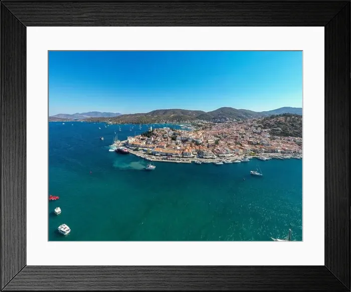 Framed Print : Greece, Aerial drone view of Poros island in Saronic gulf Framed Print : Greece, Aerial drone view of Poros island in Saronic gulf
