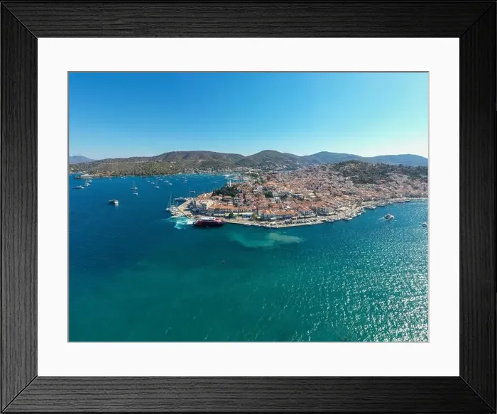 Framed Print : Greece, Aerial drone view of Poros island in Saronic gulf Framed Print : Greece, Aerial drone view of Poros island in Saronic gulf