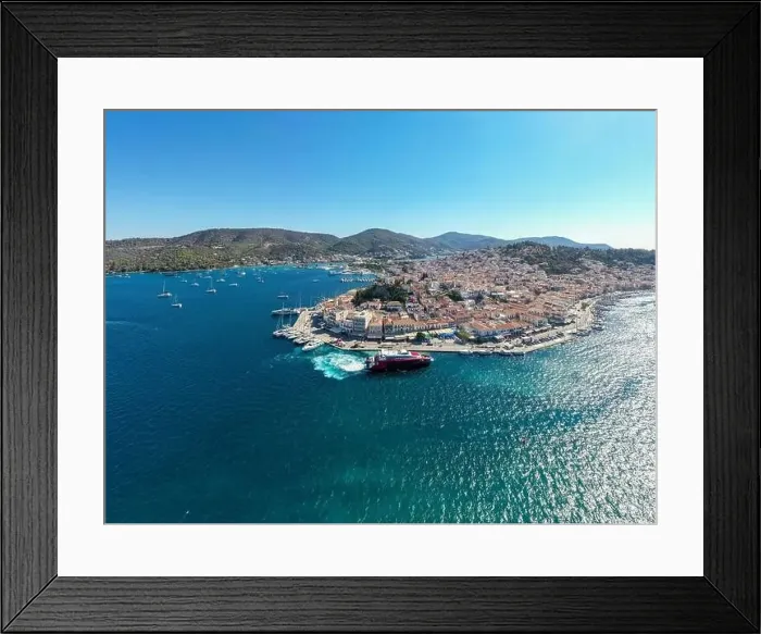 Framed Print : Greece, Aerial drone view of Poros island in Saronic gulf Framed Print : Greece, Aerial drone view of Poros island in Saronic gulf