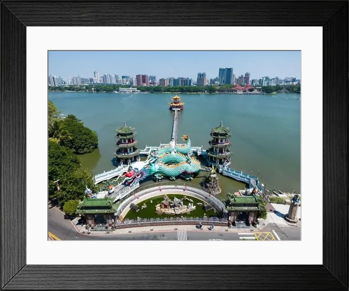 Framed Print : Aerial View Kaohsiung Dragon Sculpture and Bridge to Spring and Autumn Pavilion Framed Print : Aerial View Kaohsiung Dragon Sculpture and Bridge to Spring and Autumn Pavilion