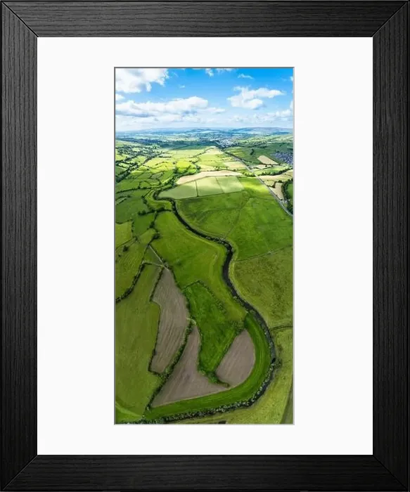 Framed Print : Vertical panorama of Farms and Fields over Cononley and River Aire from a drone, Keighley, North Yorkshire, England Framed Print : Vertical panorama of Farms and Fields over Cononley and River Aire from a drone, Keighley, North Yorkshire, England