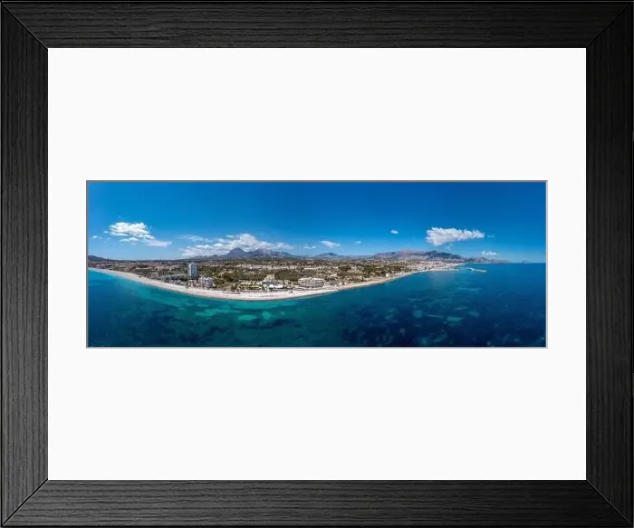 Framed Print : Wide angle aerial drone photo of the Spanish town of L'Albir in Spain Alicante showing the beach front on a sunny Framed Print : Wide angle aerial drone photo of the Spanish town of L'Albir in Spain Alicante showing the beach front on a sunny