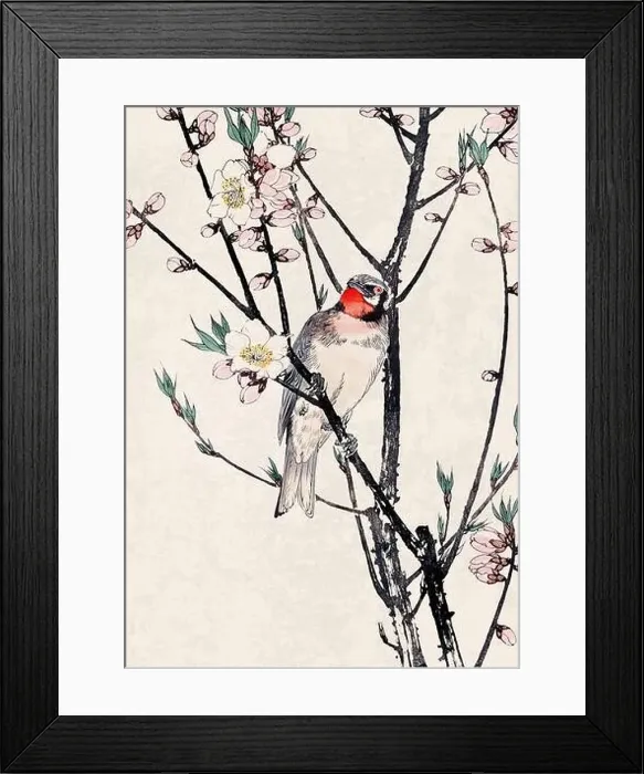 Framed Print : Bird Art. Oriental-style bird illustration. Digital watercolor on a grunge beige background Framed Print : Bird Art. Oriental-style bird illustration. Digital watercolor on a grunge beige background