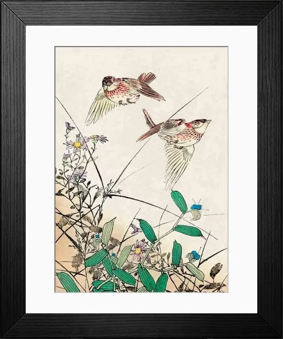 Framed Print : Bird Art. Oriental-style bird illustration. Digital watercolor on a grunge beige background Framed Print : Bird Art. Oriental-style bird illustration. Digital watercolor on a grunge beige background