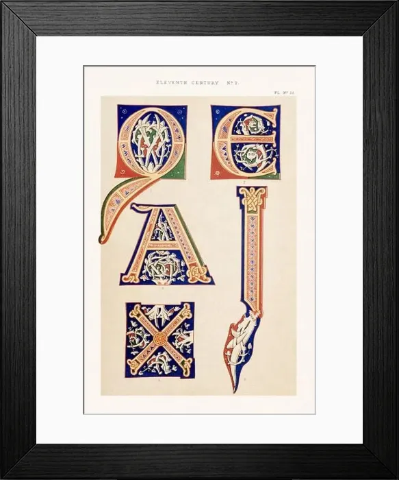 Framed Print : Medieval alphabet initials and ornaments in the style of illuminated art Framed Print : Medieval alphabet initials and ornaments in the style of illuminated art