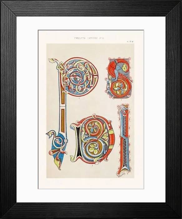 Framed Print : Medieval alphabet initials and ornaments in the style of illuminated art