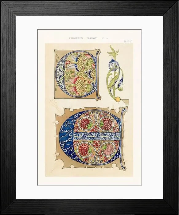 Framed Print : Medieval alphabet initials and ornaments in the style of illuminated art