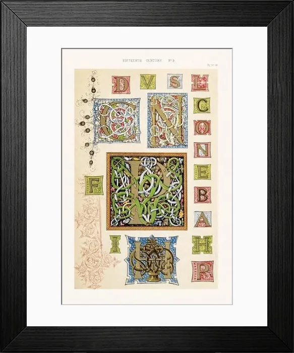 Framed Print : Medieval alphabet initials and ornaments in the style of illuminated art Framed Print : Medieval alphabet initials and ornaments in the style of illuminated art