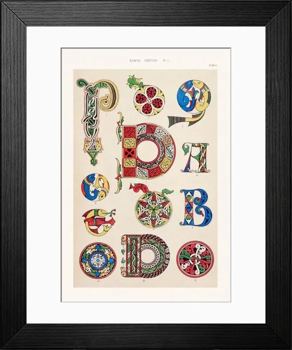 Framed Print : Medieval alphabet initials and ornaments in the style of illuminated art Framed Print : Medieval alphabet initials and ornaments in the style of illuminated art