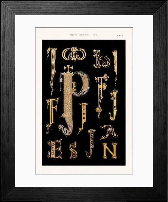 Framed Print : Medieval alphabet initials and ornaments in the style of illuminated art