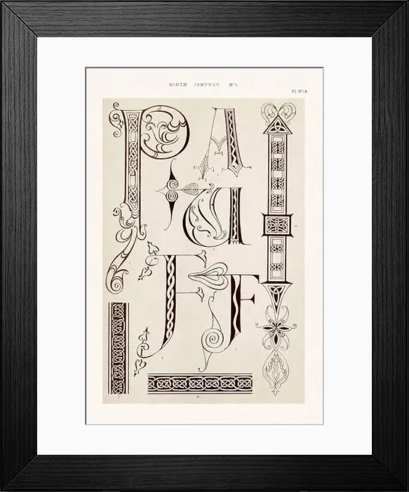 Framed Print : Medieval alphabet initials and ornaments in the style of illuminated art Framed Print : Medieval alphabet initials and ornaments in the style of illuminated art