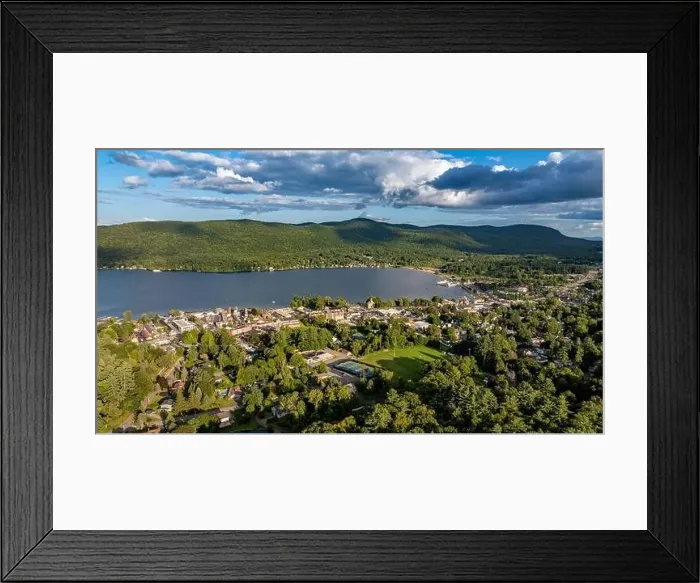 Framed Print : August 20 2024, Sunny afternoon summer aerial image of the area surrounding Lake George, NY, USA