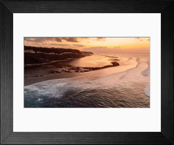 Framed Print : Bali coastline with ocean on low tide and sunrise. Drone view Framed Print : Bali coastline with ocean on low tide and sunrise. Drone view