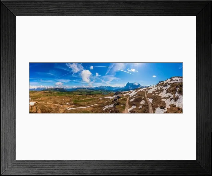 Framed Print : Panoramic view from the Seiser Alm to the Dolomites in Italy, drone shot Framed Print : Panoramic view from the Seiser Alm to the Dolomites in Italy, drone shot
