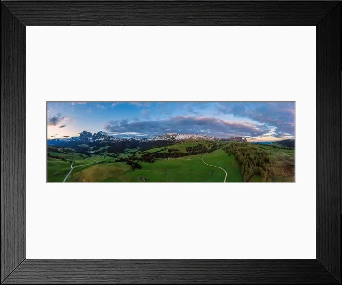 Framed Print : Panoramic view from the Seiser Alm to the Dolomites in Italy, drone shot Framed Print : Panoramic view from the Seiser Alm to the Dolomites in Italy, drone shot