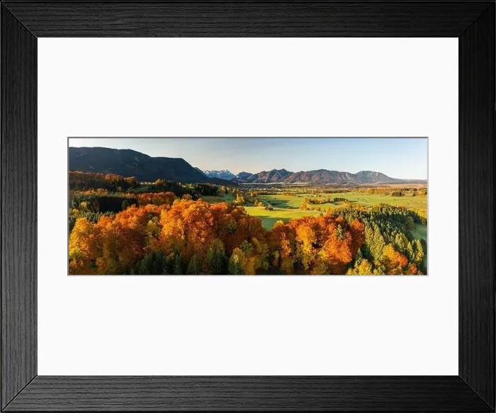 Framed Print : Aerial view of trees with autumn colors in front of mountains Framed Print : Aerial view of trees with autumn colors in front of mountains