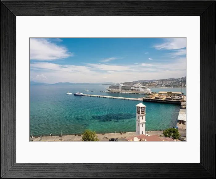 Framed Print : The cruise ship is located on Kusadasi Island in the port of Kusadasi, Turkey