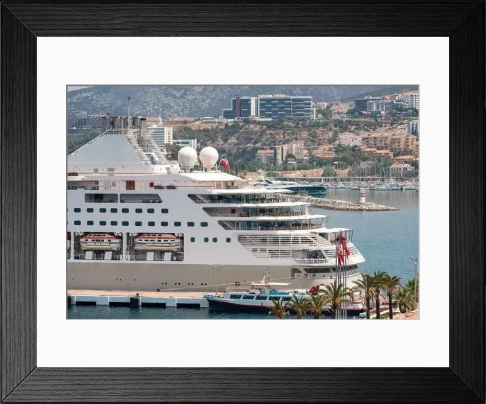 Framed Print : The cruise ship is located on Kusadasi Island in the port of Kusadasi, Turkey