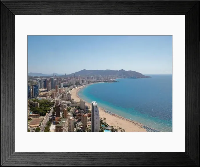 Framed Print : Aerial drone photo of the beautiful city of Benidorm in Spain showing the south beach Promenade and the hotels Framed Print : Aerial drone photo of the beautiful city of Benidorm in Spain showing the south beach Promenade and the hotels