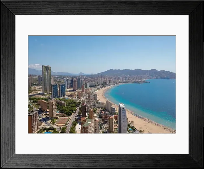 Framed Print : Aerial drone photo of the beautiful city of Benidorm in Spain showing the south beach Promenade and the hotels Framed Print : Aerial drone photo of the beautiful city of Benidorm in Spain showing the south beach Promenade and the hotels