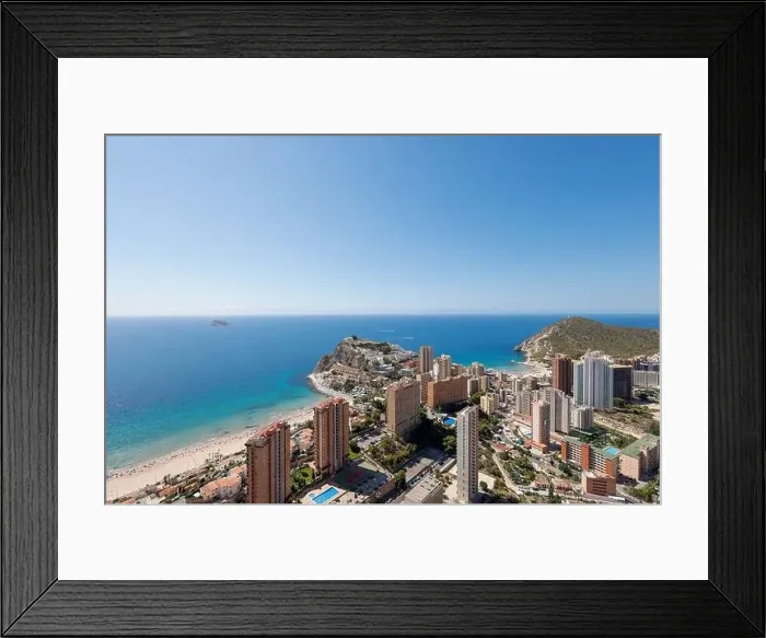Framed Print : Aerial photo of the beautiful city of Benidorm in Spain showing the south beach Promenade and the hotels Framed Print : Aerial photo of the beautiful city of Benidorm in Spain showing the south beach Promenade and the hotels