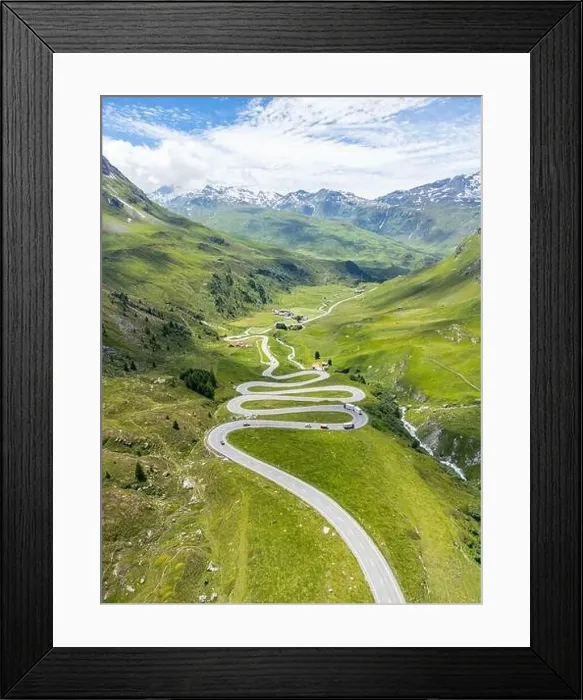 Framed Print : The stunning hairpin bend section of the Julier Pass in Switzerland from a drone Framed Print : The stunning hairpin bend section of the Julier Pass in Switzerland from a drone