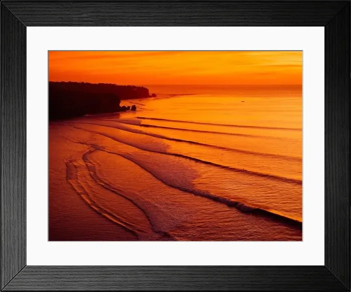 Framed Print : Aerial view of warm sunset or sunrise and ocean with silhouette of perfect waves