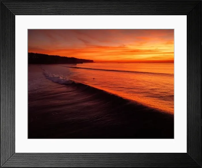 Framed Print : Aerial view of warm sunset or sunrise and ocean with silhouette of perfect waves in Bali