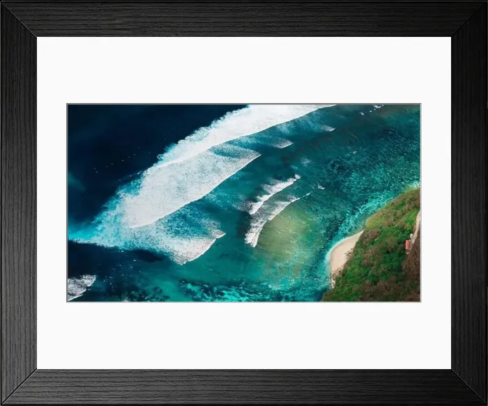 Framed Print : Drone view of scenic coastline with ocean waves and current canal and Green bowl beach, drone view Framed Print : Drone view of scenic coastline with ocean waves and current canal and Green bowl beach, drone view