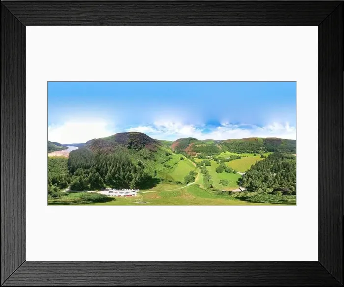 Framed Print : Spherical aerial view to Rhiwargor waterfall and lake Vyrnwy area Framed Print : Spherical aerial view to Rhiwargor waterfall and lake Vyrnwy area
