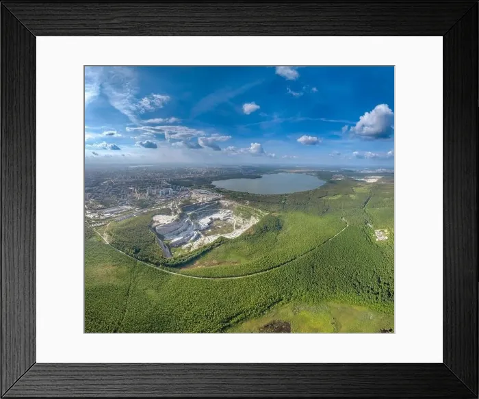 Framed Print : Stone quarry in the forest. Flying over the summer mixed forest during sunset Framed Print : Stone quarry in the forest. Flying over the summer mixed forest during sunset